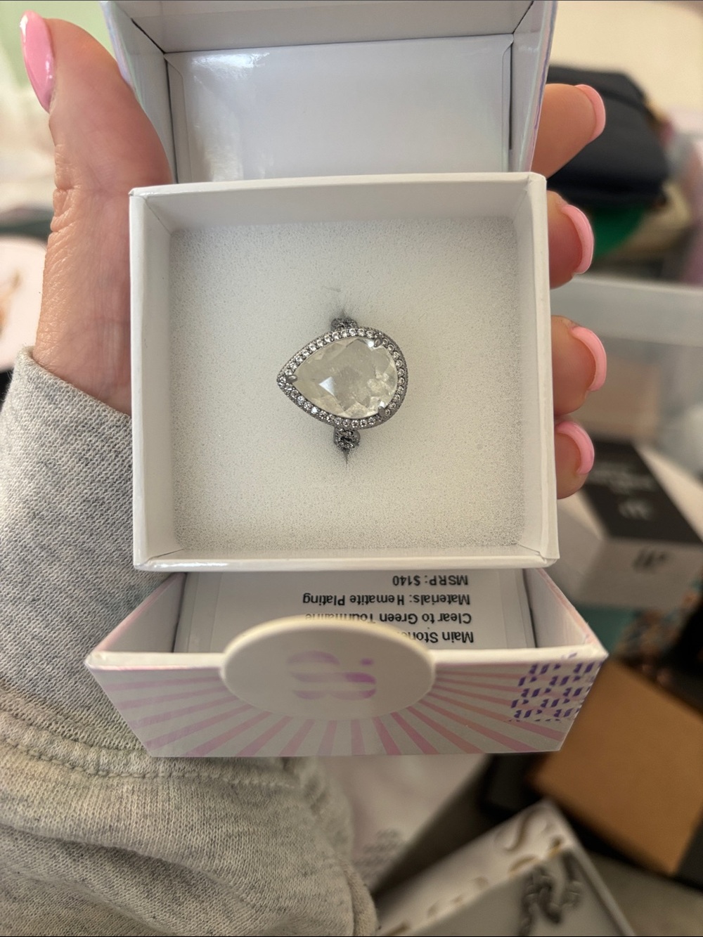 Pear-Shaped Clear Crystal Halo Pendant Ring in Silver